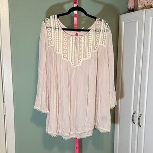 POL Pink and White Bell Sleeve Tunic with Bib Collar